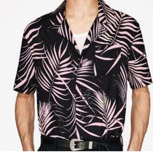 DEMIN &FLIWER Black and Pink Palm Leaf Print short sleeve Shirt XL Button Up